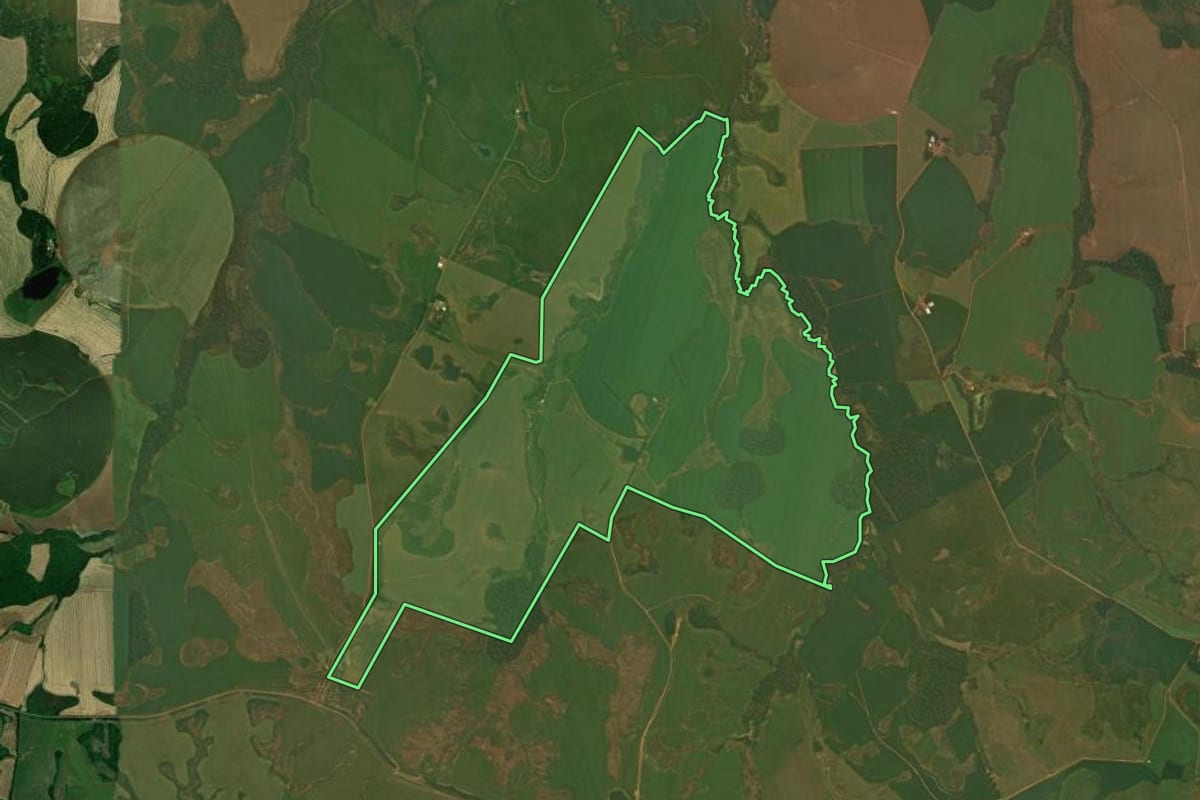Imagem de satélite do imóvel rural em Fortaleza dos Valos (RS), com o contorno declarado no CAR desenhado por cima.