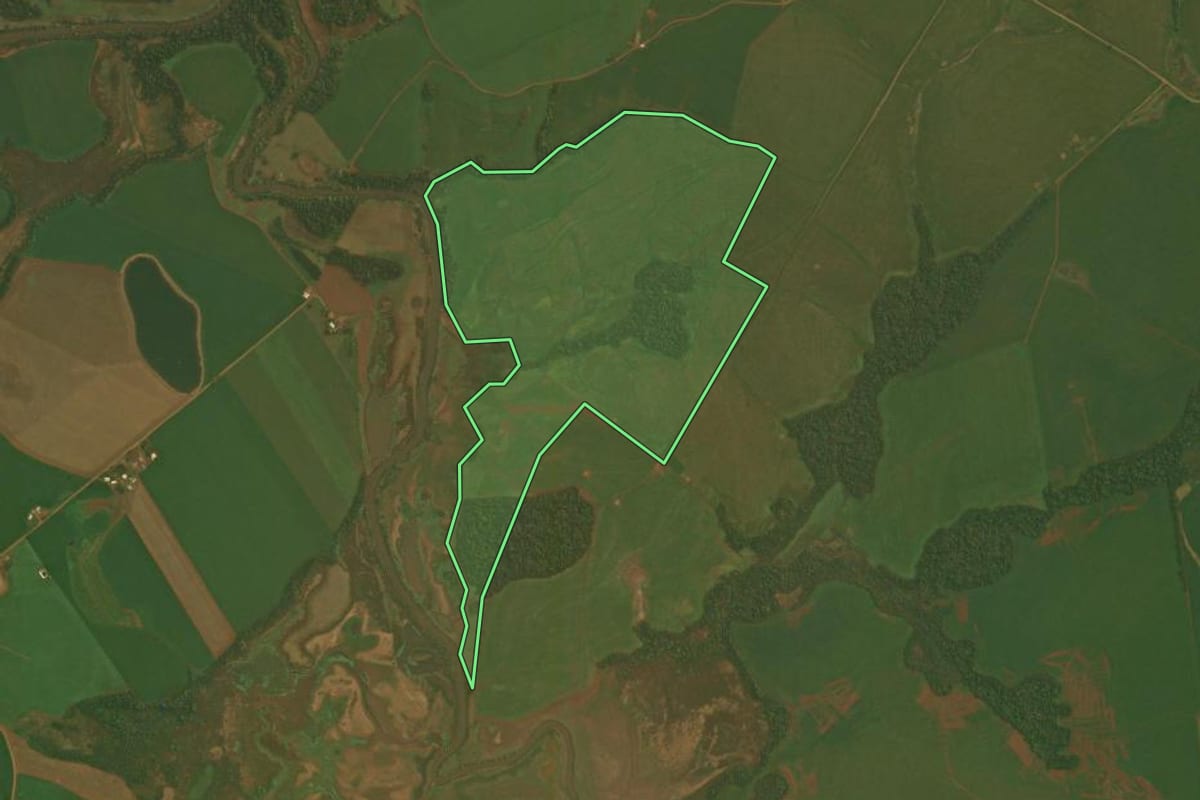 Imagem de satélite do imóvel rural em Fortaleza dos Valos (RS), com o contorno declarado no CAR desenhado por cima.