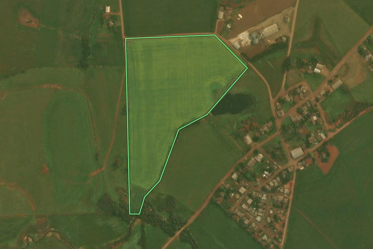 Imagem de satélite do imóvel rural em Fortaleza dos Valos (RS), com o contorno declarado no CAR desenhado por cima.
