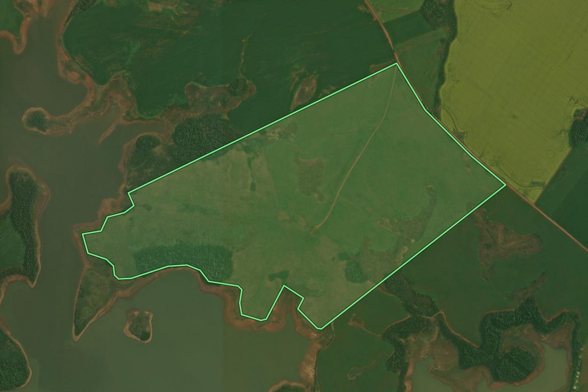 Imagem de satélite do imóvel rural em Fortaleza dos Valos (RS), com o contorno declarado no CAR desenhado por cima.