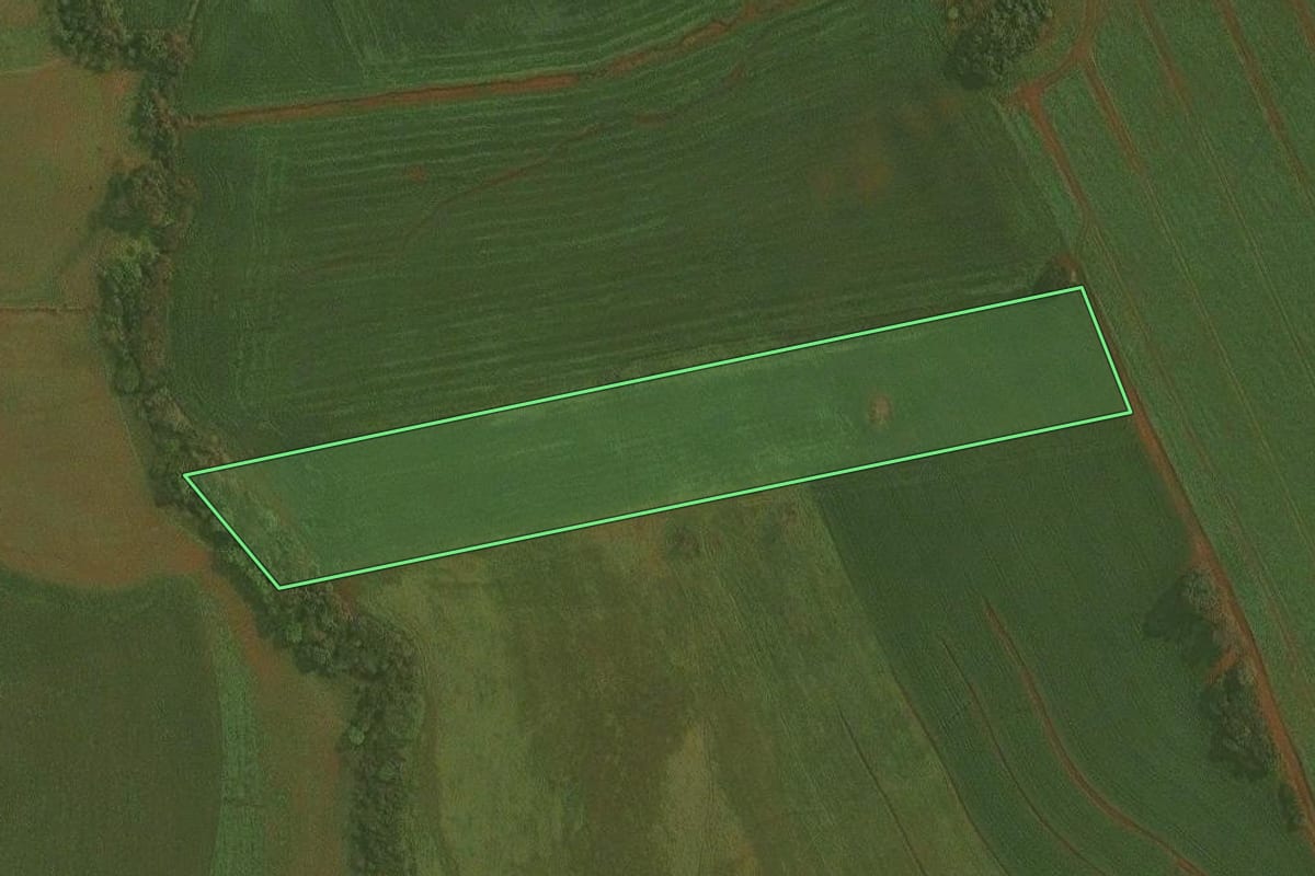 Imagem de satélite do imóvel rural em Fortaleza dos Valos (RS), com o contorno declarado no CAR desenhado por cima.