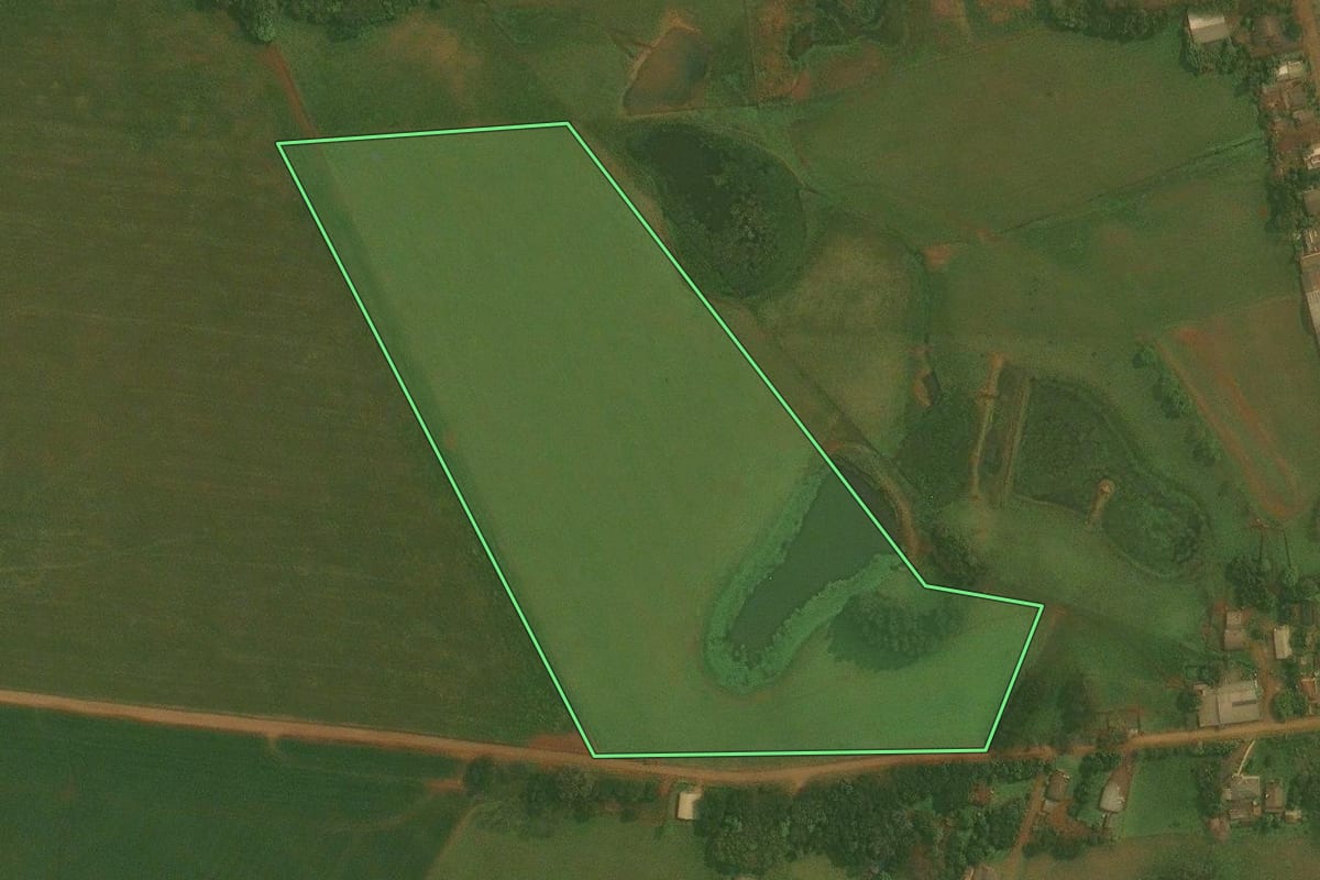 Imagem de satélite do imóvel rural em Fortaleza dos Valos (RS), com o contorno declarado no CAR desenhado por cima.