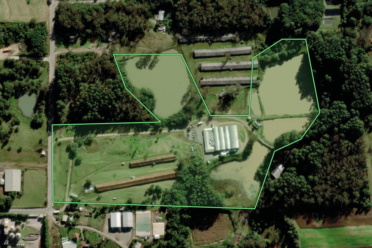 Imagem de satélite do imóvel rural em Garibaldi (RS), com o contorno declarado no CAR desenhado por cima.