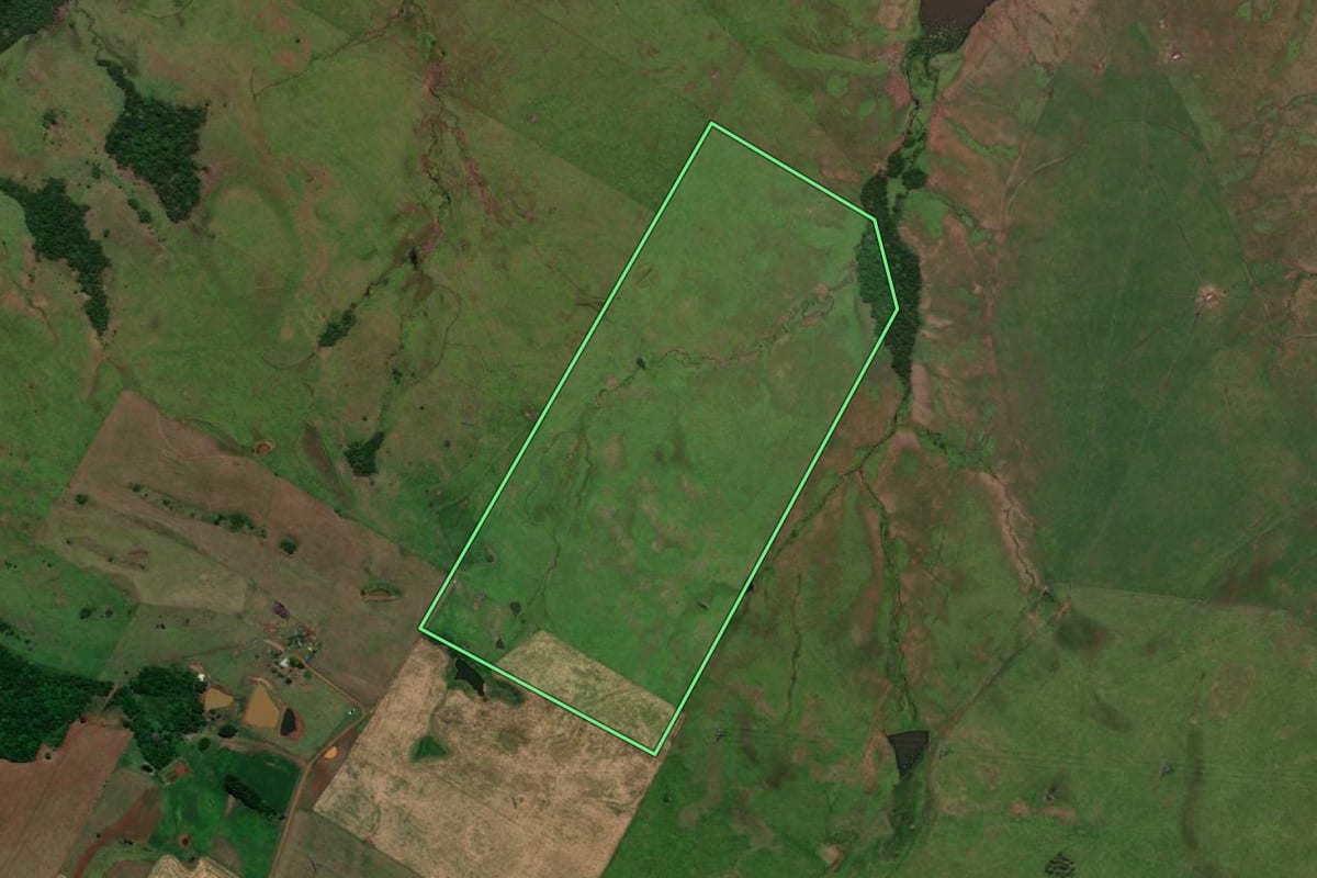 Imagem de satélite do imóvel rural em Garruchos (RS), com o contorno declarado no CAR desenhado por cima.