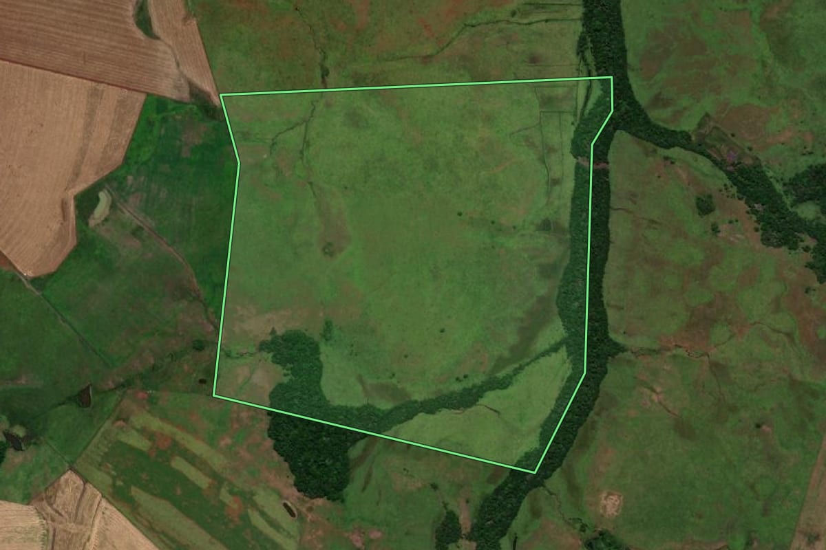 Imagem de satélite do imóvel rural em Garruchos (RS), com o contorno declarado no CAR desenhado por cima.