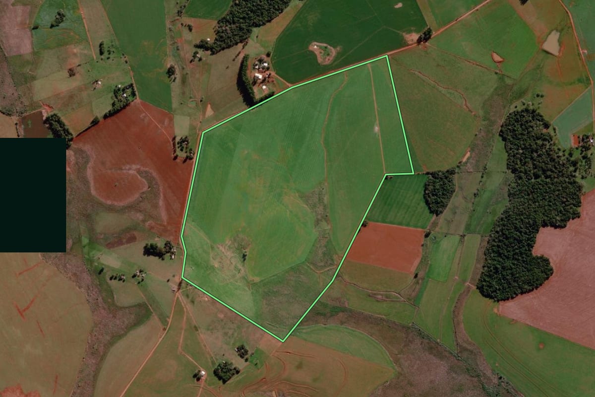Imagem de satélite do imóvel rural em Garruchos (RS), com o contorno declarado no CAR desenhado por cima.