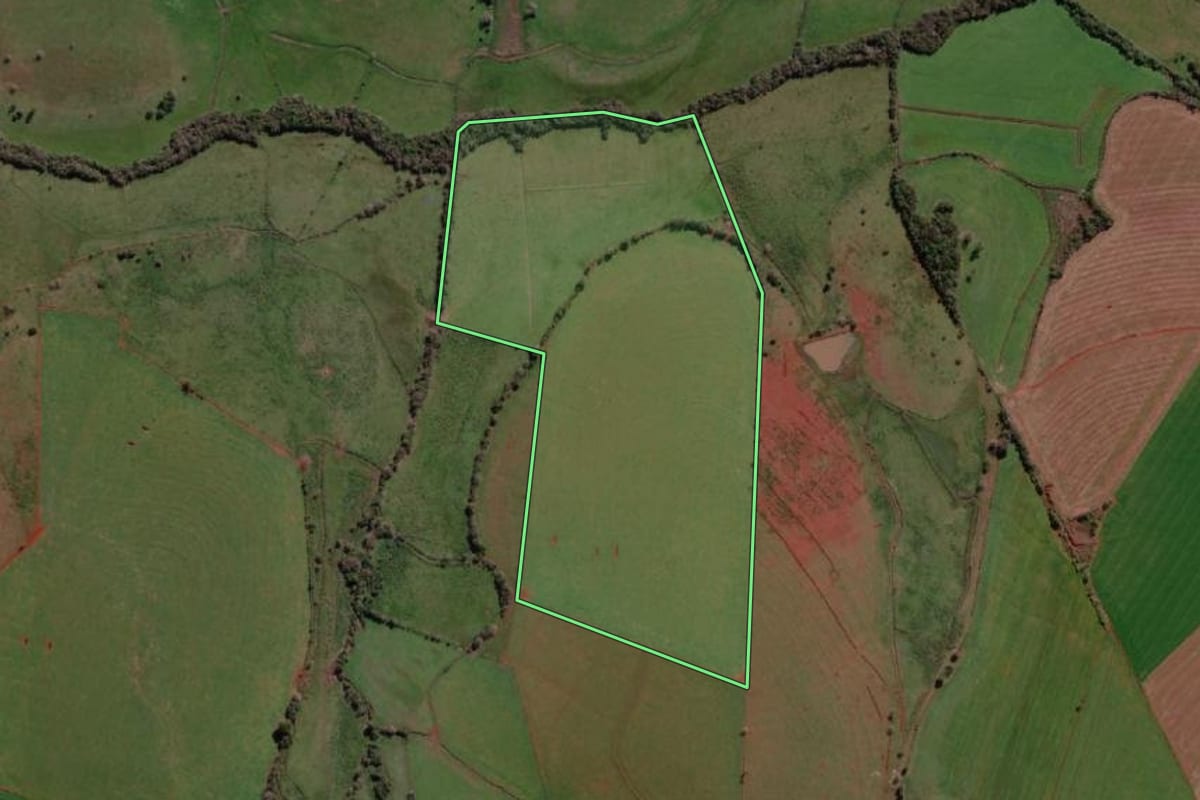 Imagem de satélite do imóvel rural em Garruchos (RS), com o contorno declarado no CAR desenhado por cima.