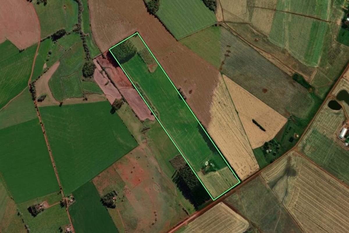 Imagem de satélite do imóvel rural em Garruchos (RS), com o contorno declarado no CAR desenhado por cima.