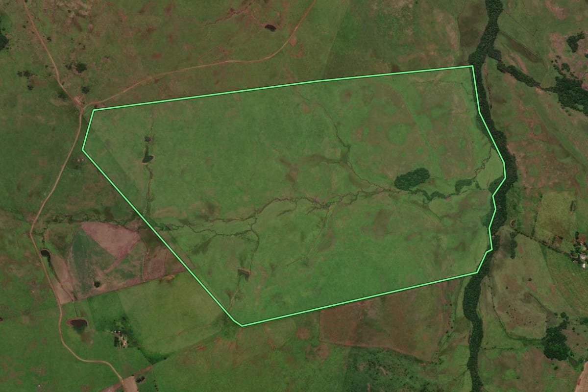 Imagem de satélite do imóvel rural em Garruchos (RS), com o contorno declarado no CAR desenhado por cima.