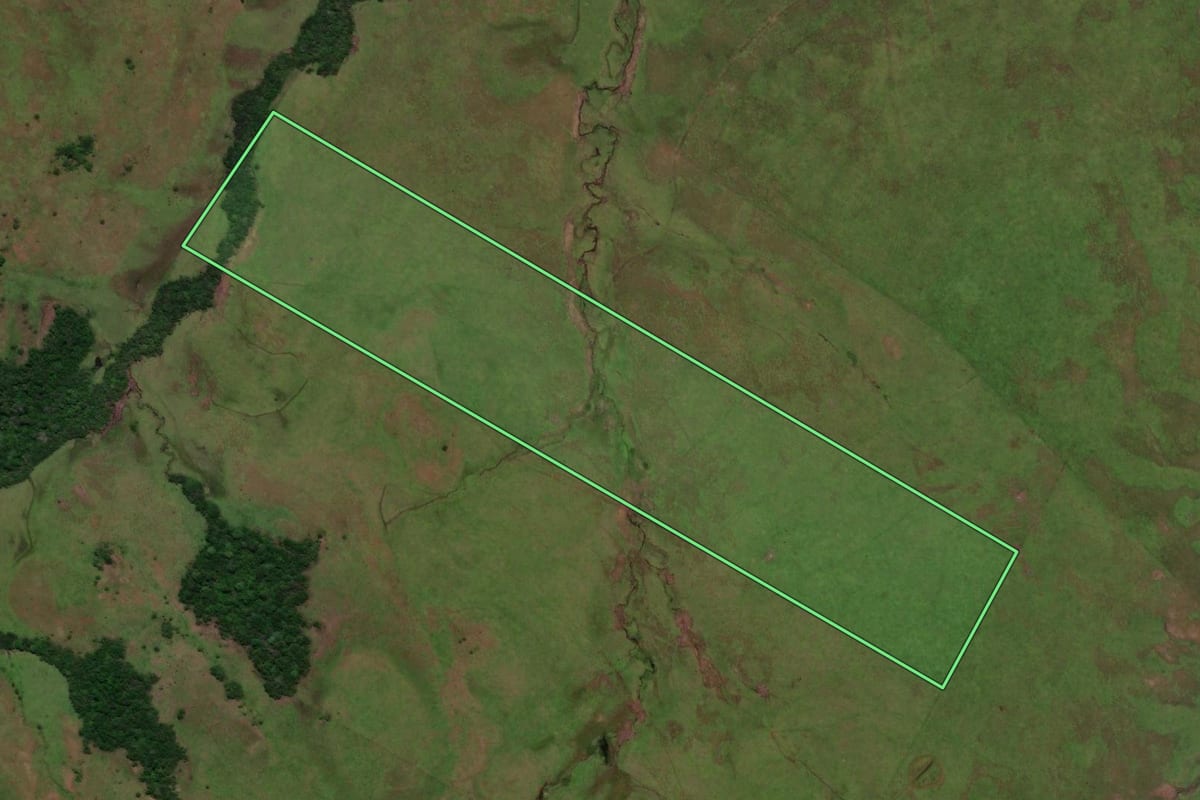 Imagem de satélite do imóvel rural em Garruchos (RS), com o contorno declarado no CAR desenhado por cima.