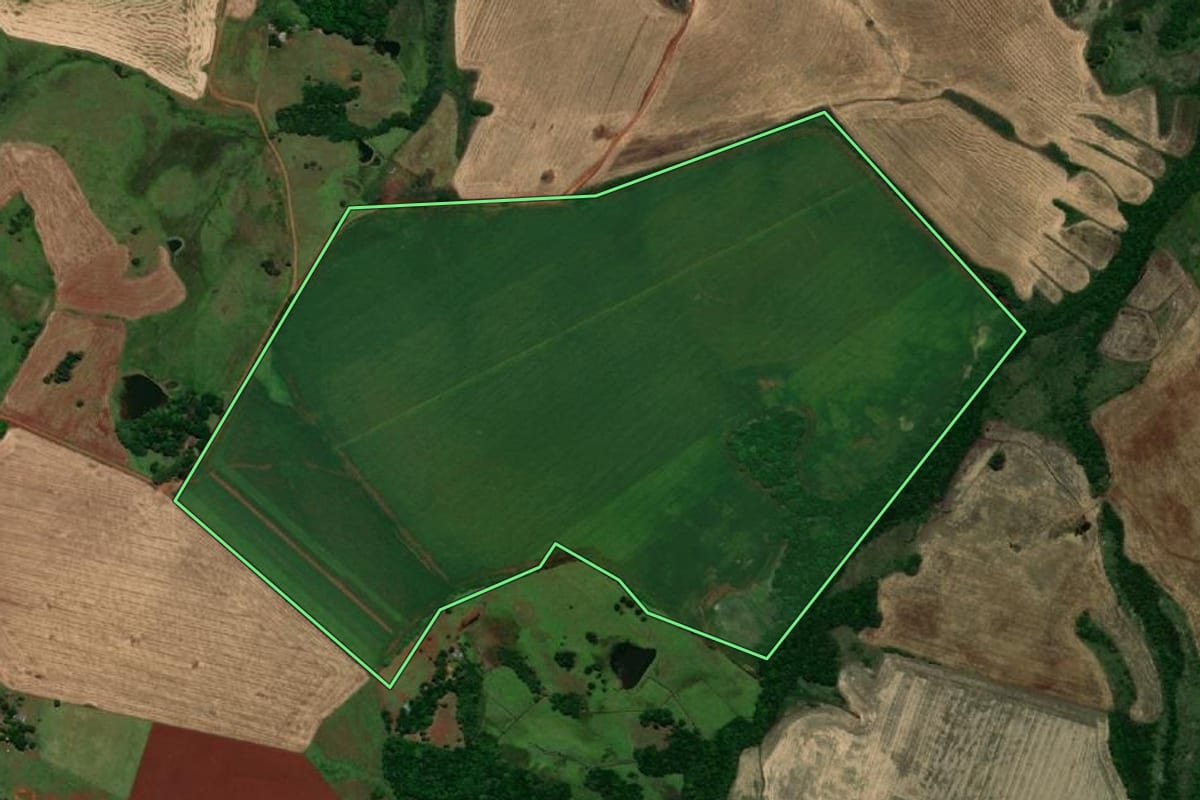 Imagem de satélite do imóvel rural em Garruchos (RS), com o contorno declarado no CAR desenhado por cima.