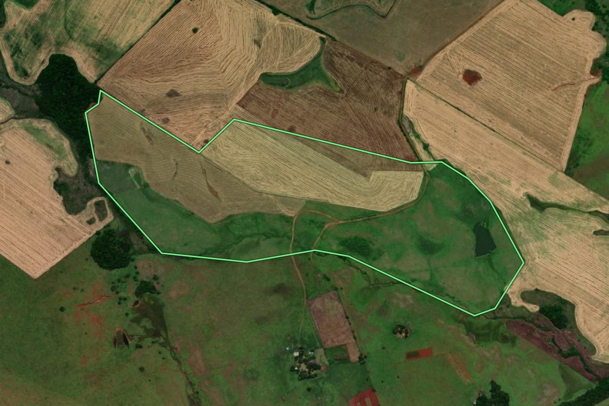 Imagem de satélite do imóvel rural em Garruchos (RS), com o contorno declarado no CAR desenhado por cima.