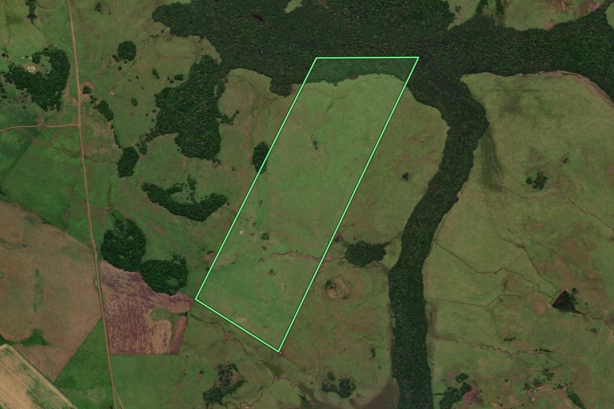 Imagem de satélite do imóvel rural em Garruchos (RS), com o contorno declarado no CAR desenhado por cima.