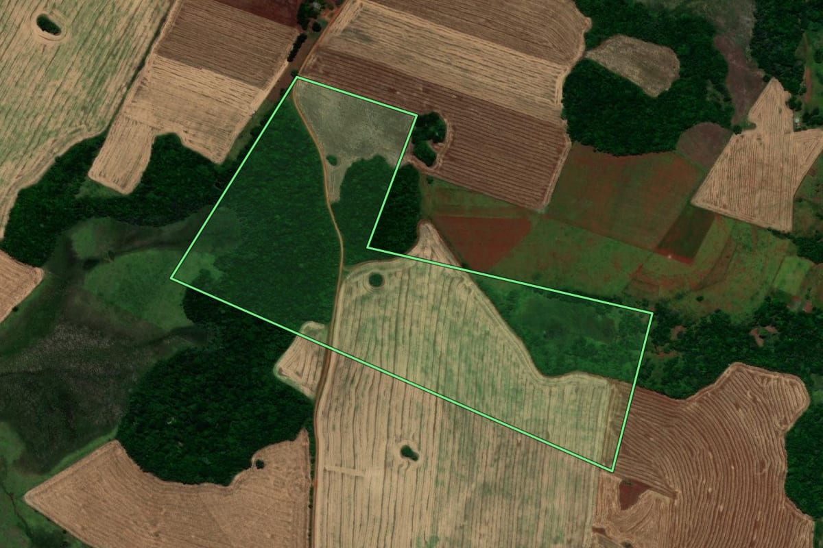 Imagem de satélite do imóvel rural em Garruchos (RS), com o contorno declarado no CAR desenhado por cima.
