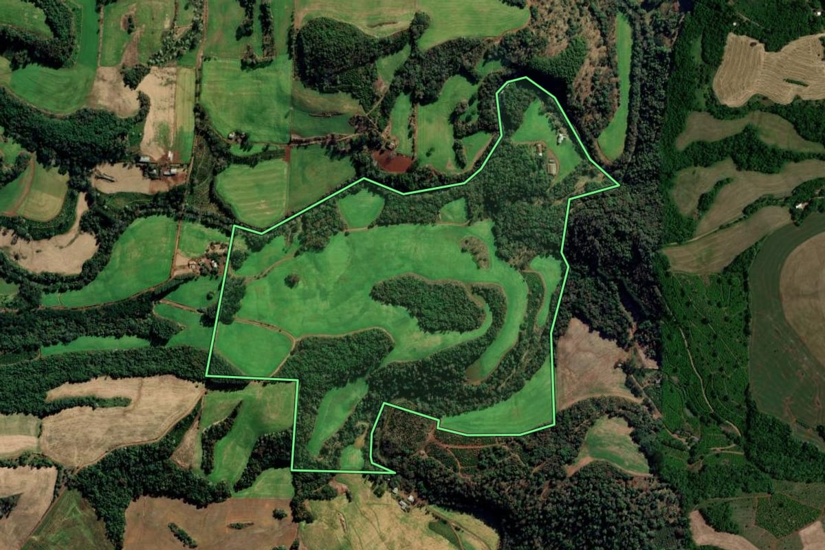 Imagem de satélite do imóvel rural em Gaurama (RS), com o contorno declarado no CAR desenhado por cima.