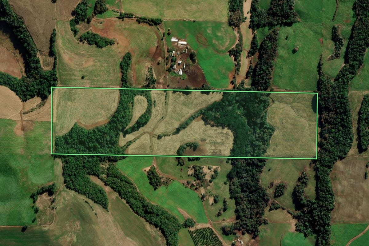 Imagem de satélite do imóvel rural em Gaurama (RS), com o contorno declarado no CAR desenhado por cima.