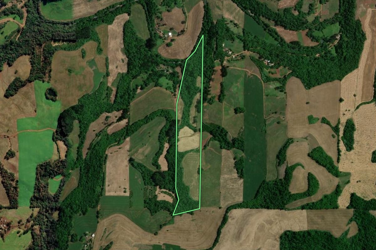Imagem de satélite do imóvel rural em Gaurama (RS), com o contorno declarado no CAR desenhado por cima.