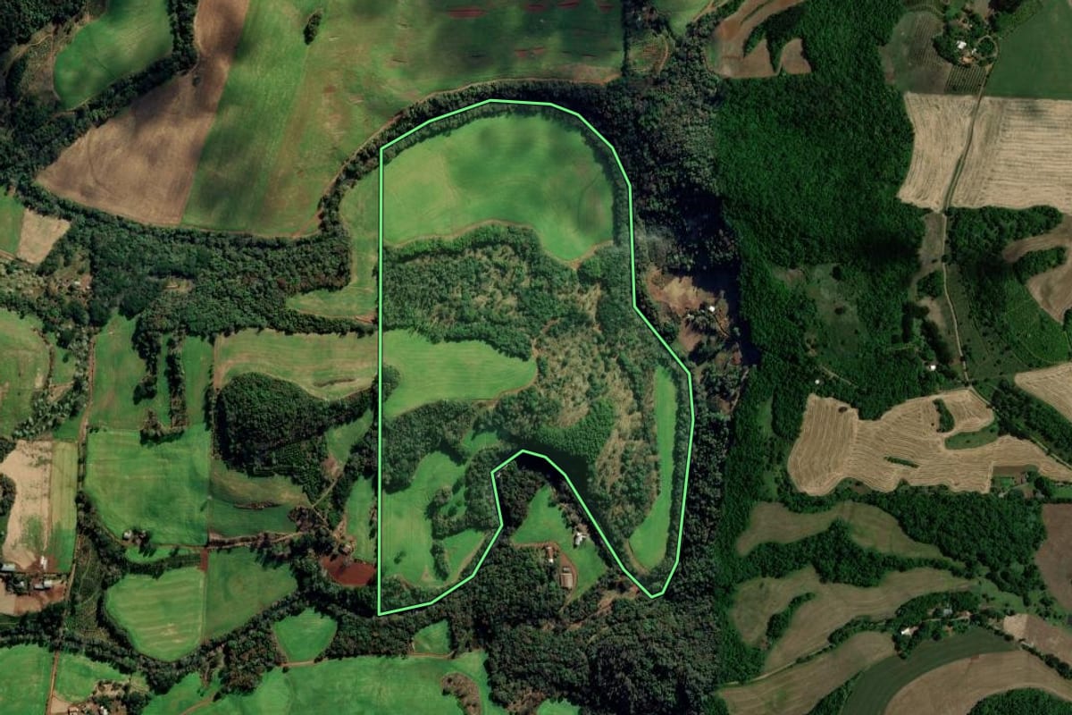 Imagem de satélite do imóvel rural em Gaurama (RS), com o contorno declarado no CAR desenhado por cima.