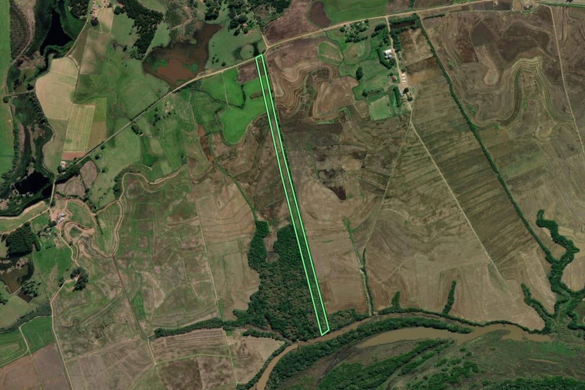 Imagem de satélite do imóvel rural em General Câmara (RS), com o contorno declarado no CAR desenhado por cima.