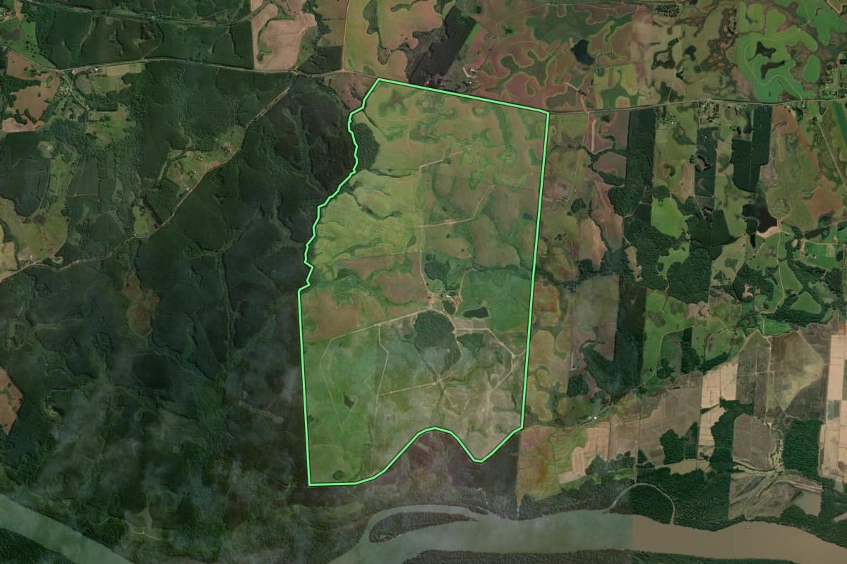 Imagem de satélite do imóvel rural em General Câmara (RS), com o contorno declarado no CAR desenhado por cima.