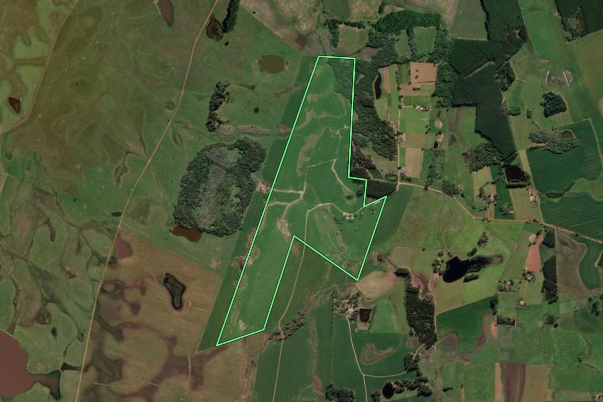 Imagem de satélite do imóvel rural em General Câmara (RS), com o contorno declarado no CAR desenhado por cima.