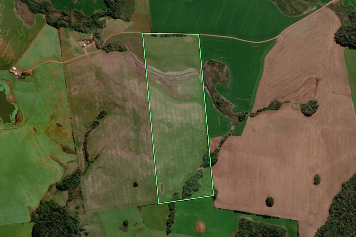 Imagem de satélite do imóvel rural em Gentil (RS), com o contorno declarado no CAR desenhado por cima.