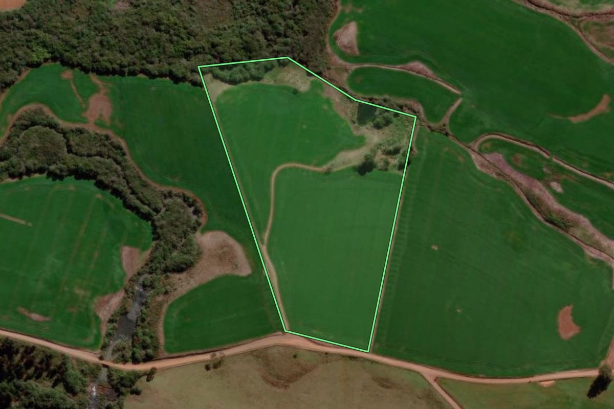 Imagem de satélite do imóvel rural em Gentil (RS), com o contorno declarado no CAR desenhado por cima.