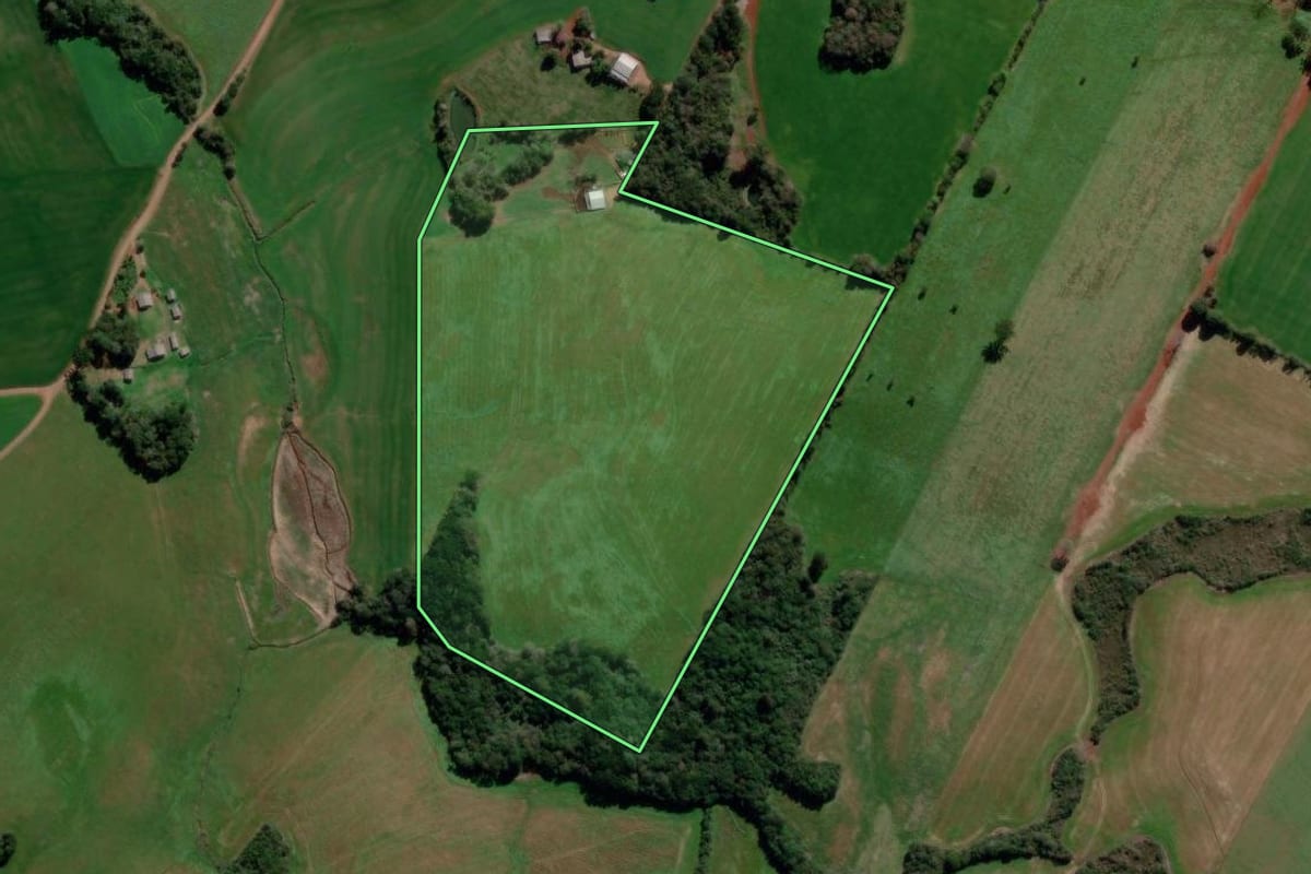 Imagem de satélite do imóvel rural em Gentil (RS), com o contorno declarado no CAR desenhado por cima.