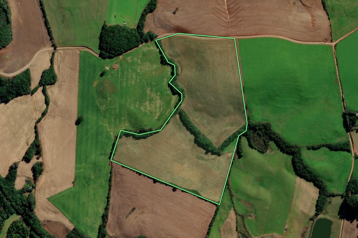 Imagem de satélite do imóvel rural em Gentil (RS), com o contorno declarado no CAR desenhado por cima.