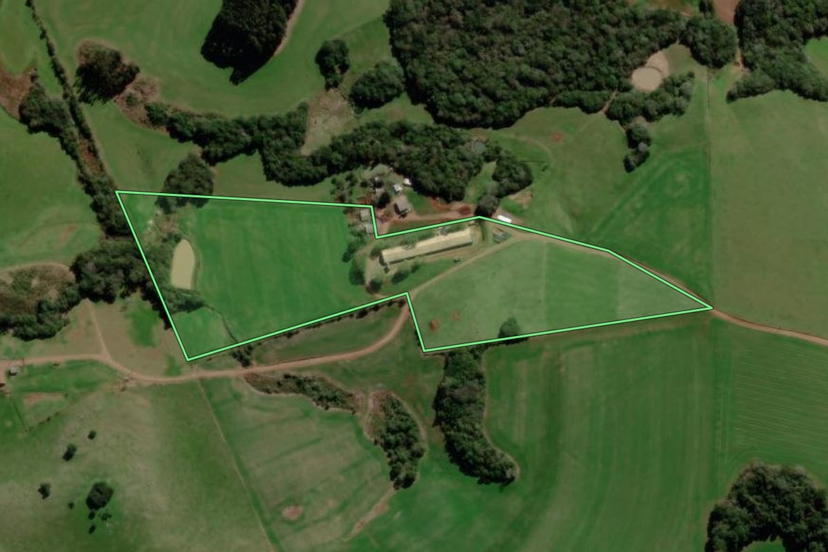 Imagem de satélite do imóvel rural em Gentil (RS), com o contorno declarado no CAR desenhado por cima.