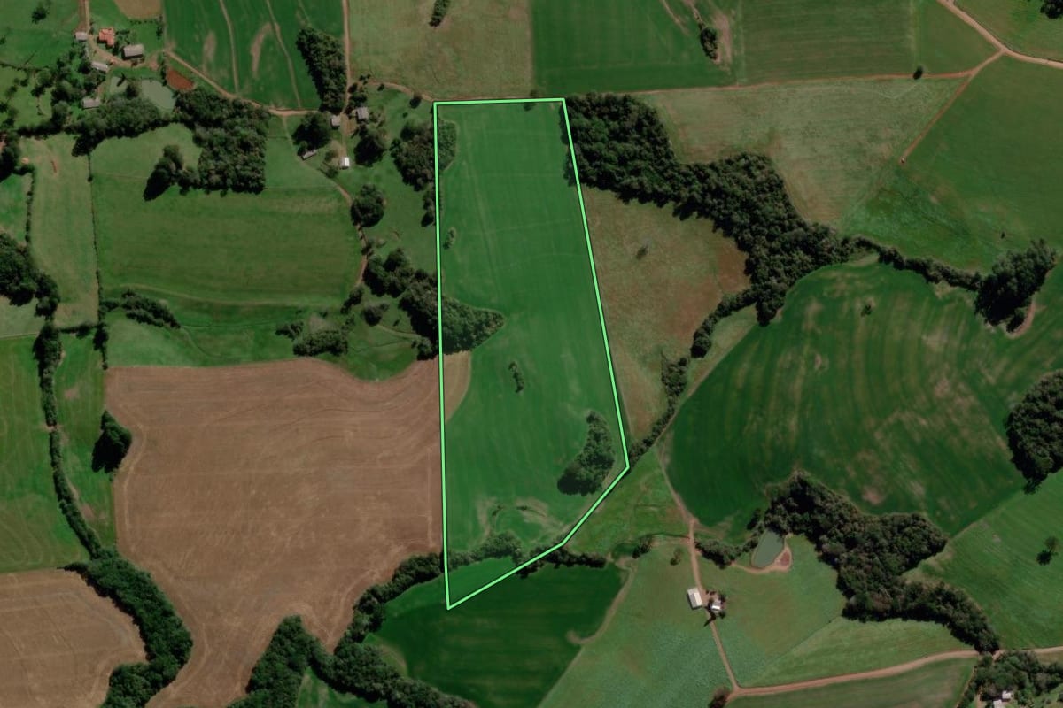 Imagem de satélite do imóvel rural em Gentil (RS), com o contorno declarado no CAR desenhado por cima.