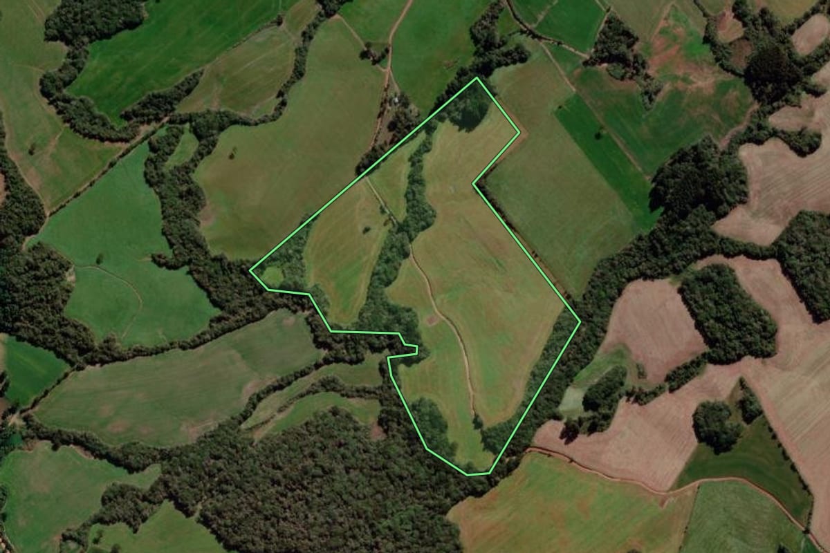 Imagem de satélite do imóvel rural em Gentil (RS), com o contorno declarado no CAR desenhado por cima.