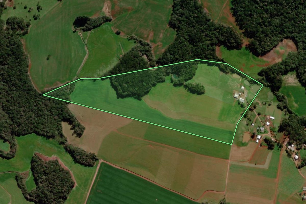 Imagem de satélite do imóvel rural em Gentil (RS), com o contorno declarado no CAR desenhado por cima.