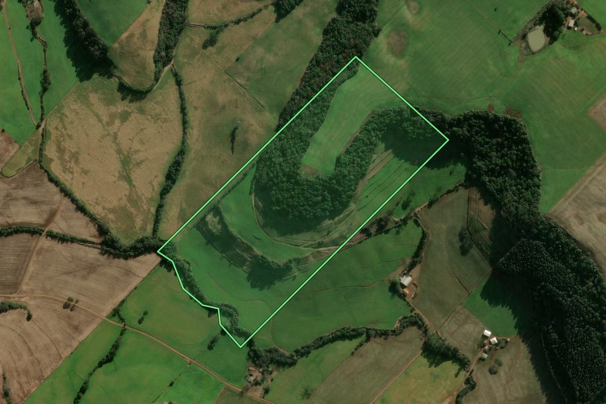 Imagem de satélite do imóvel rural em Getúlio Vargas (RS), com o contorno declarado no CAR desenhado por cima.