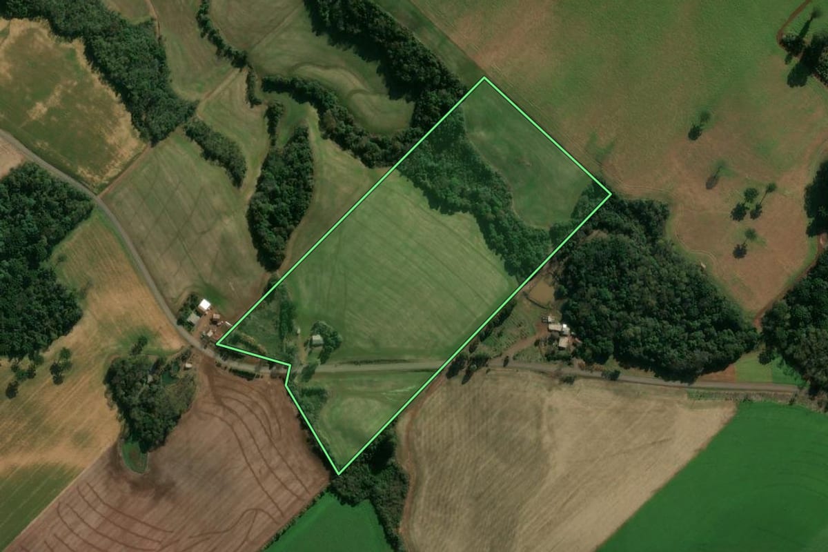 Imagem de satélite do imóvel rural em Getúlio Vargas (RS), com o contorno declarado no CAR desenhado por cima.