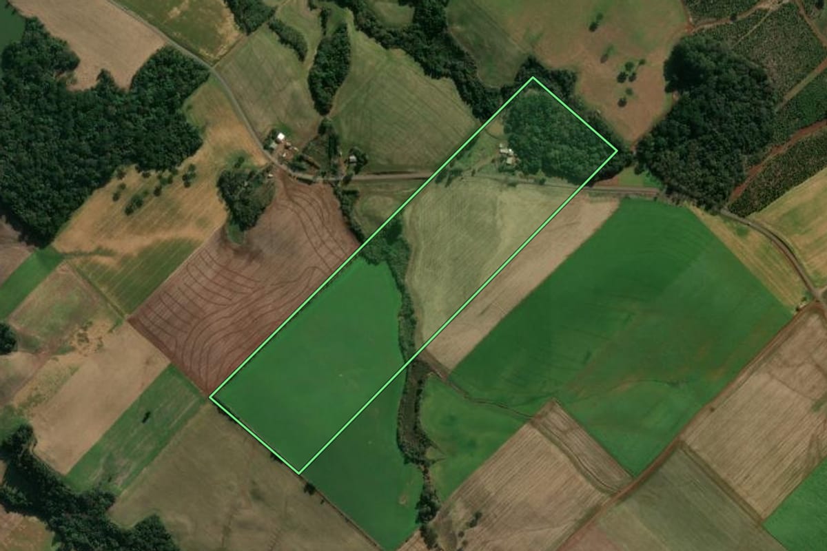 Imagem de satélite do imóvel rural em Getúlio Vargas (RS), com o contorno declarado no CAR desenhado por cima.