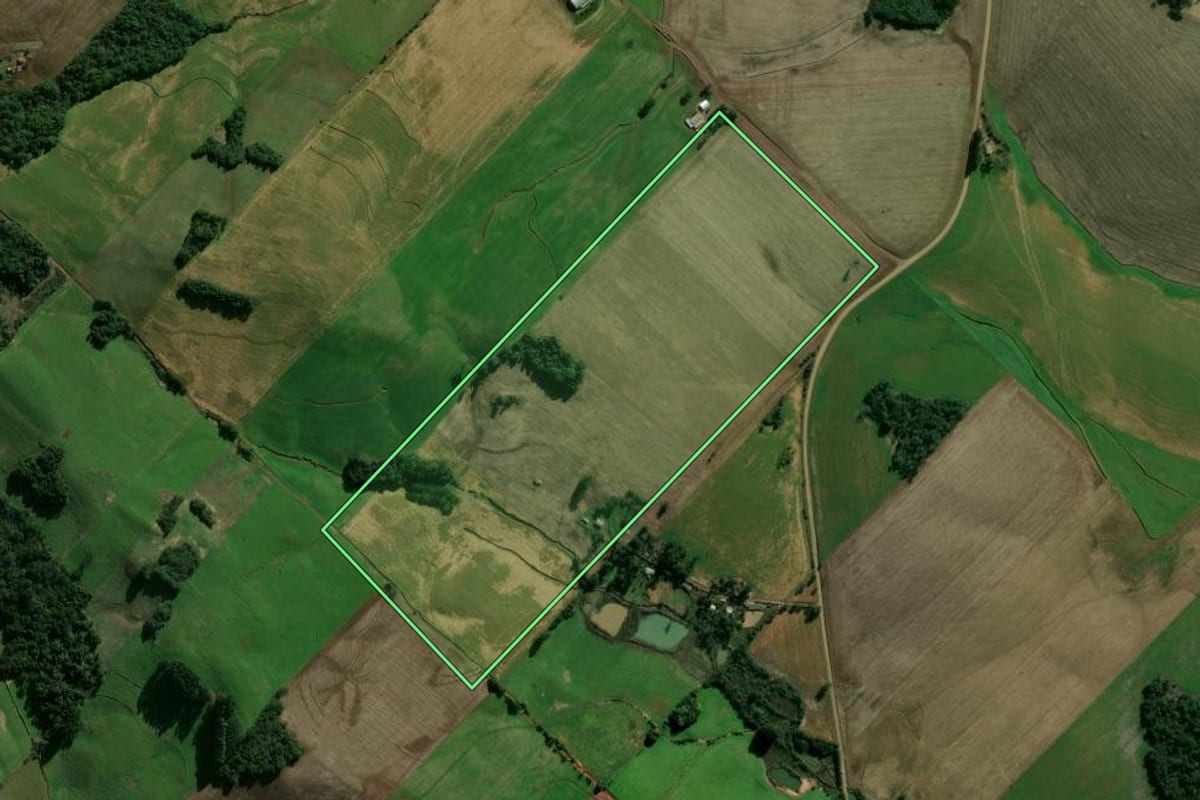 Imagem de satélite do imóvel rural em Getúlio Vargas (RS), com o contorno declarado no CAR desenhado por cima.