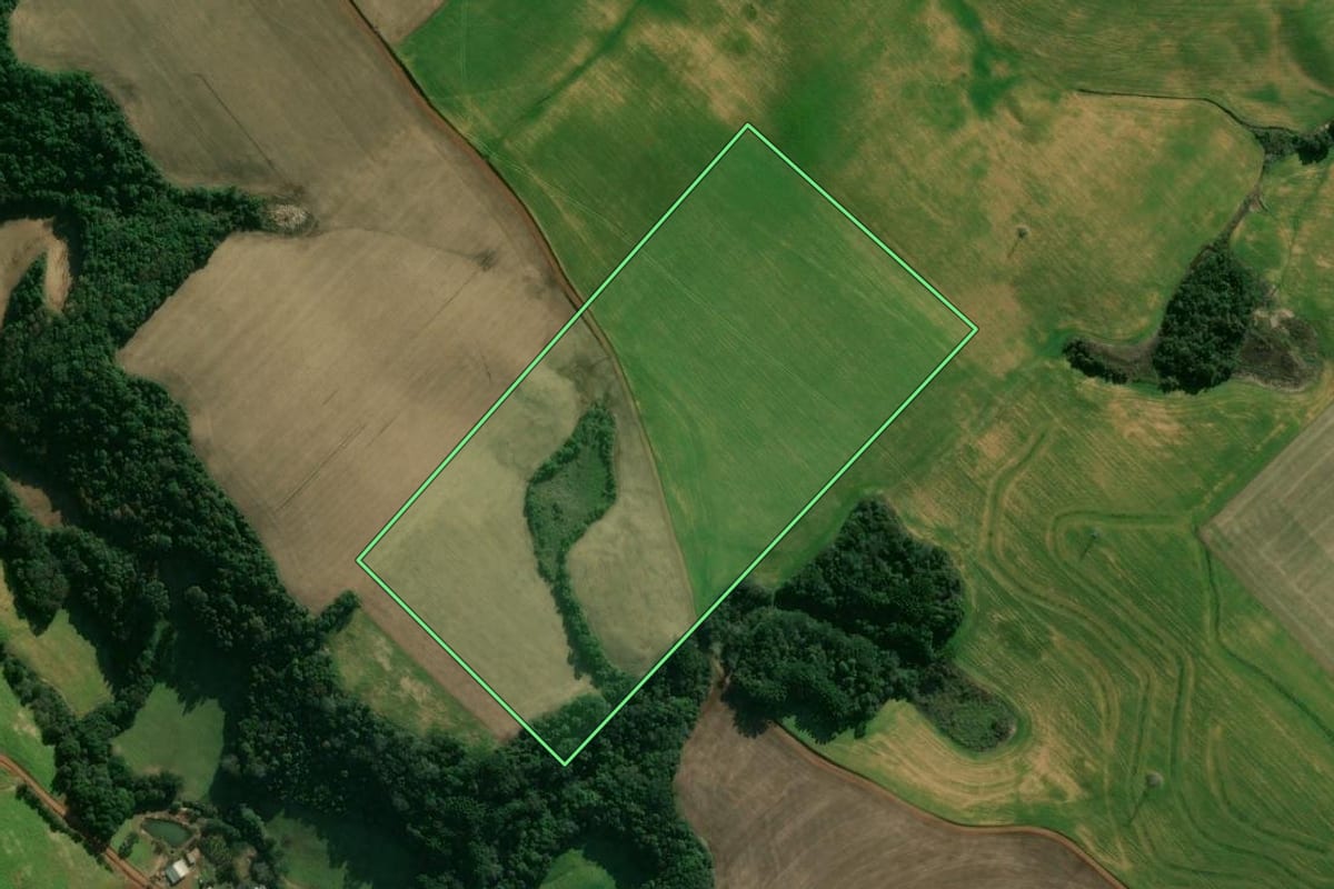 Imagem de satélite do imóvel rural em Getúlio Vargas (RS), com o contorno declarado no CAR desenhado por cima.
