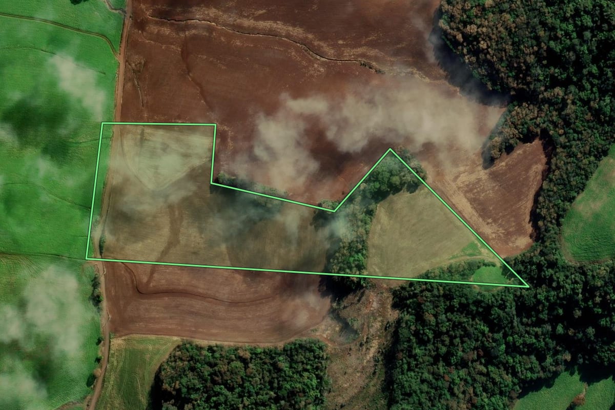 Imagem de satélite do imóvel rural em Getúlio Vargas (RS), com o contorno declarado no CAR desenhado por cima.