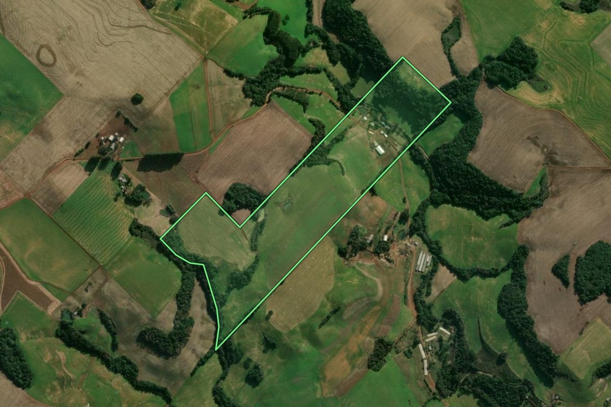 Imagem de satélite do imóvel rural em Getúlio Vargas (RS), com o contorno declarado no CAR desenhado por cima.