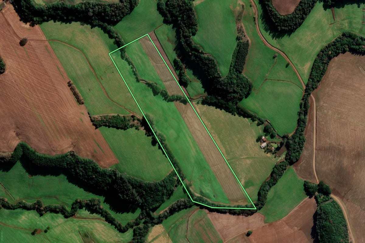 Imagem de satélite do imóvel rural em Getúlio Vargas (RS), com o contorno declarado no CAR desenhado por cima.