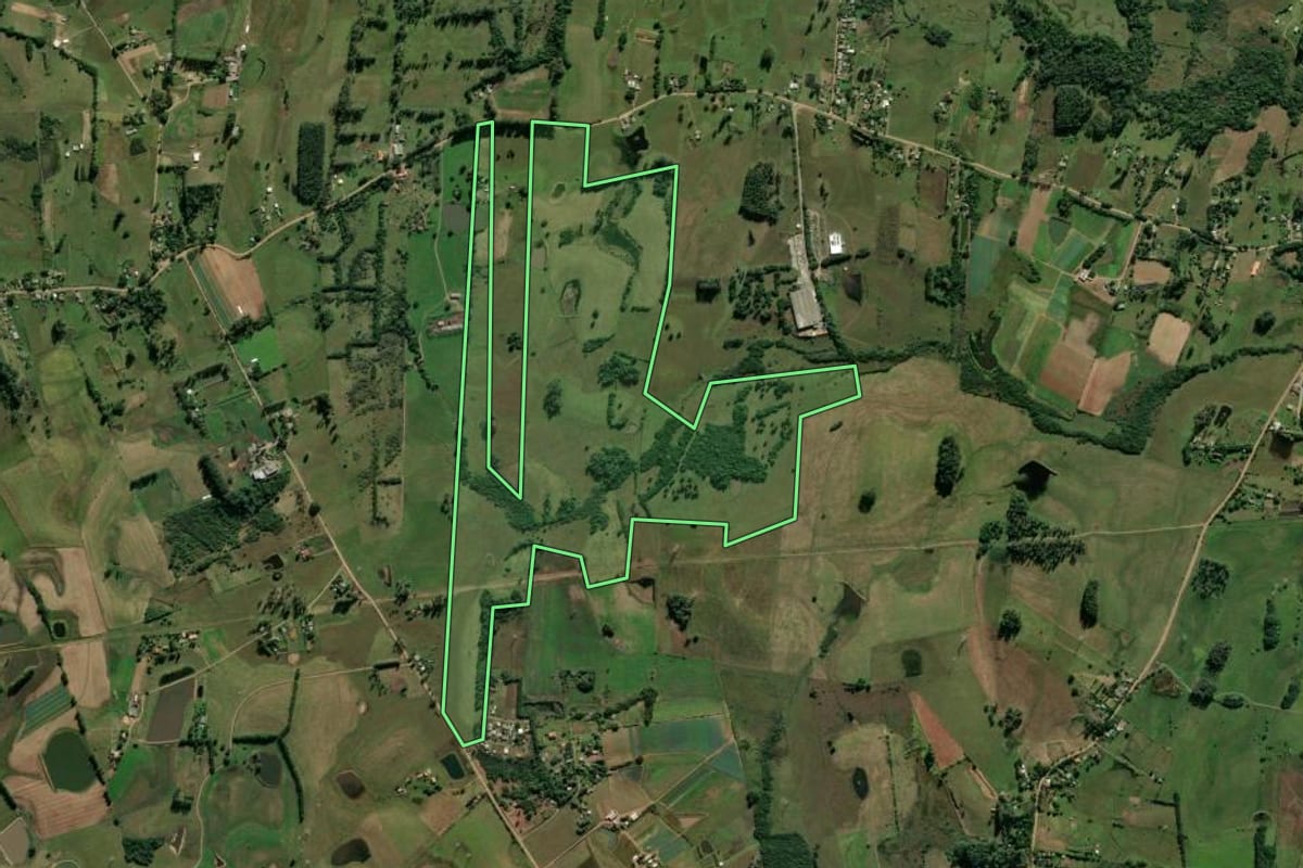 Imagem de satélite do imóvel rural em Glorinha (RS), com o contorno declarado no CAR desenhado por cima.