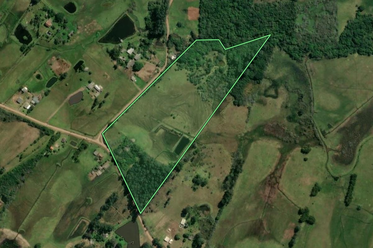 Imagem de satélite do imóvel rural em Glorinha (RS), com o contorno declarado no CAR desenhado por cima.