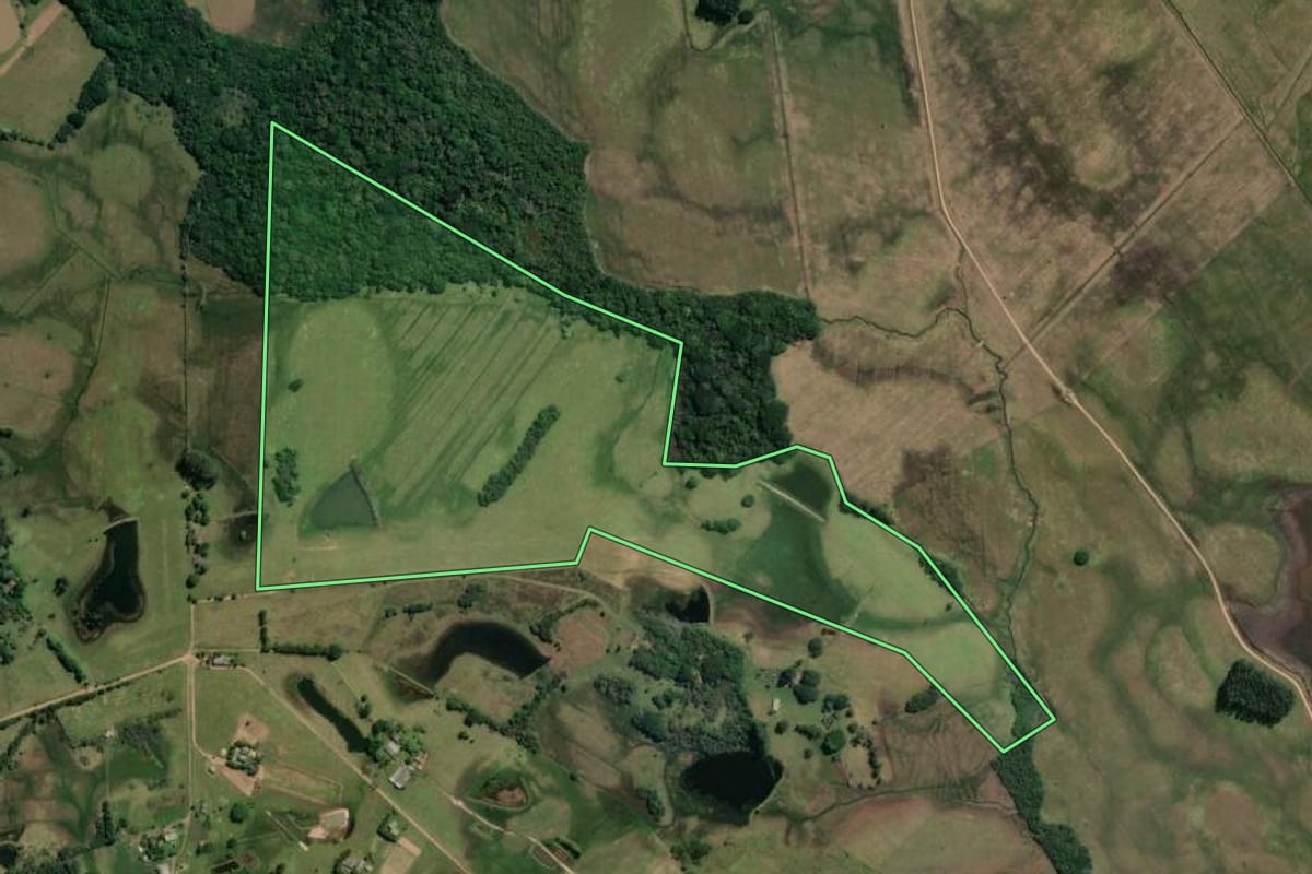 Imagem de satélite do imóvel rural em Glorinha (RS), com o contorno declarado no CAR desenhado por cima.