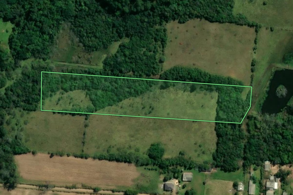 Imagem de satélite do imóvel rural em Glorinha (RS), com o contorno declarado no CAR desenhado por cima.
