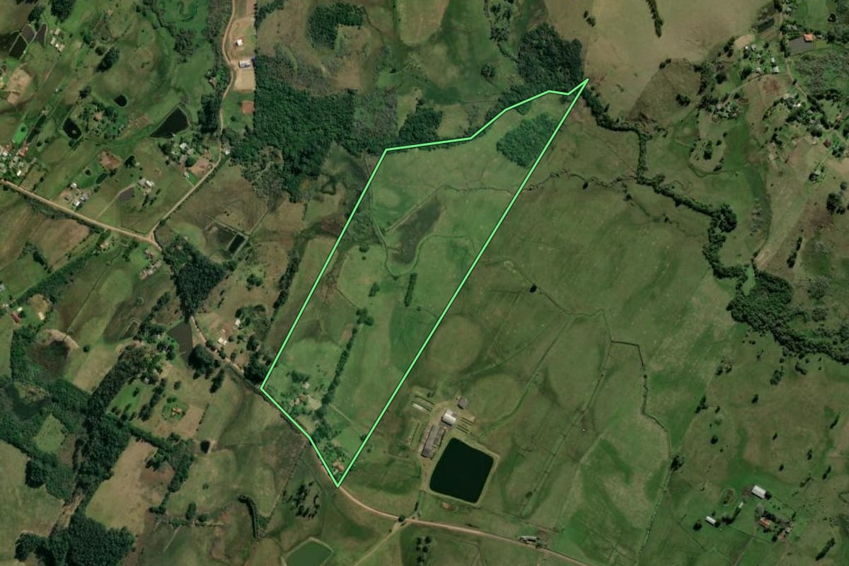 Imagem de satélite do imóvel rural em Glorinha (RS), com o contorno declarado no CAR desenhado por cima.