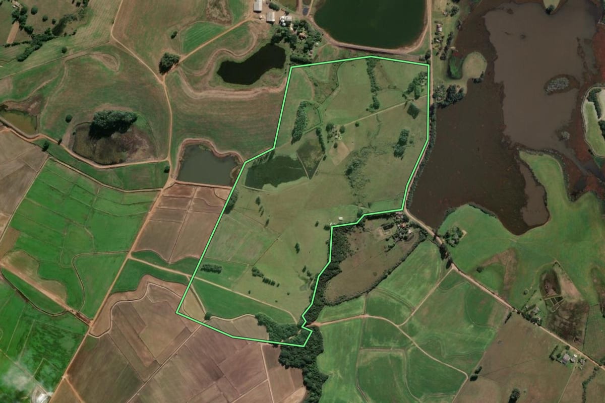 Imagem de satélite do imóvel rural em Glorinha (RS), com o contorno declarado no CAR desenhado por cima.