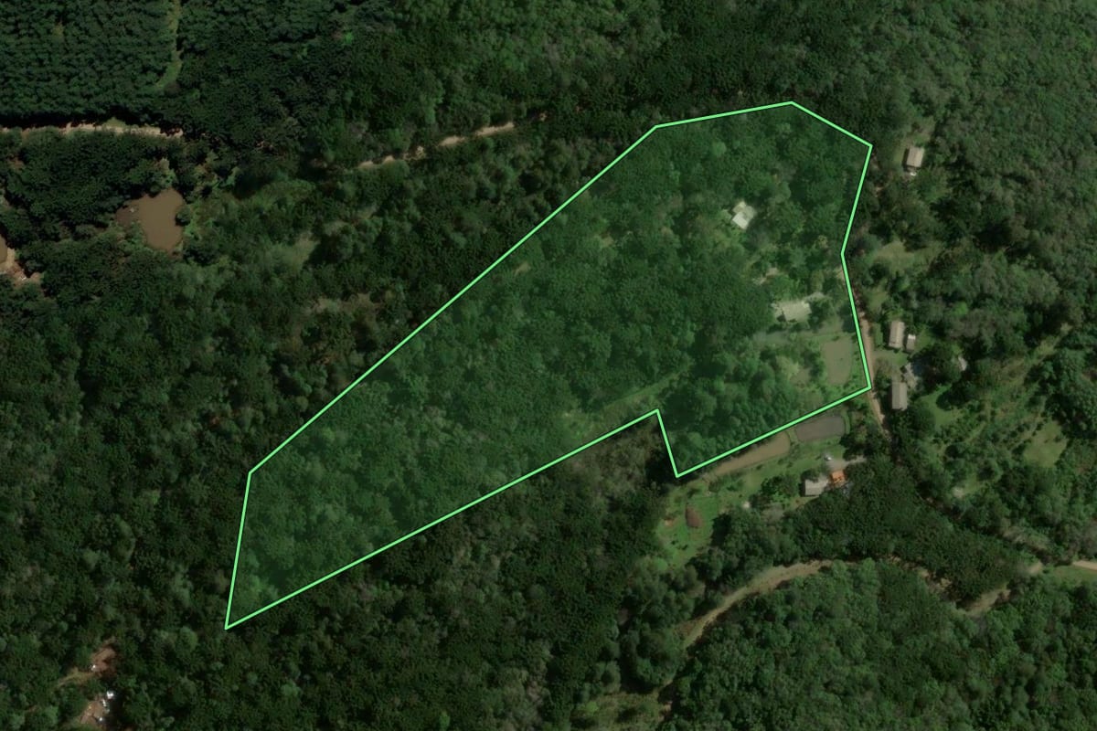 Imagem de satélite do imóvel rural em Gramado (RS), com o contorno declarado no CAR desenhado por cima.