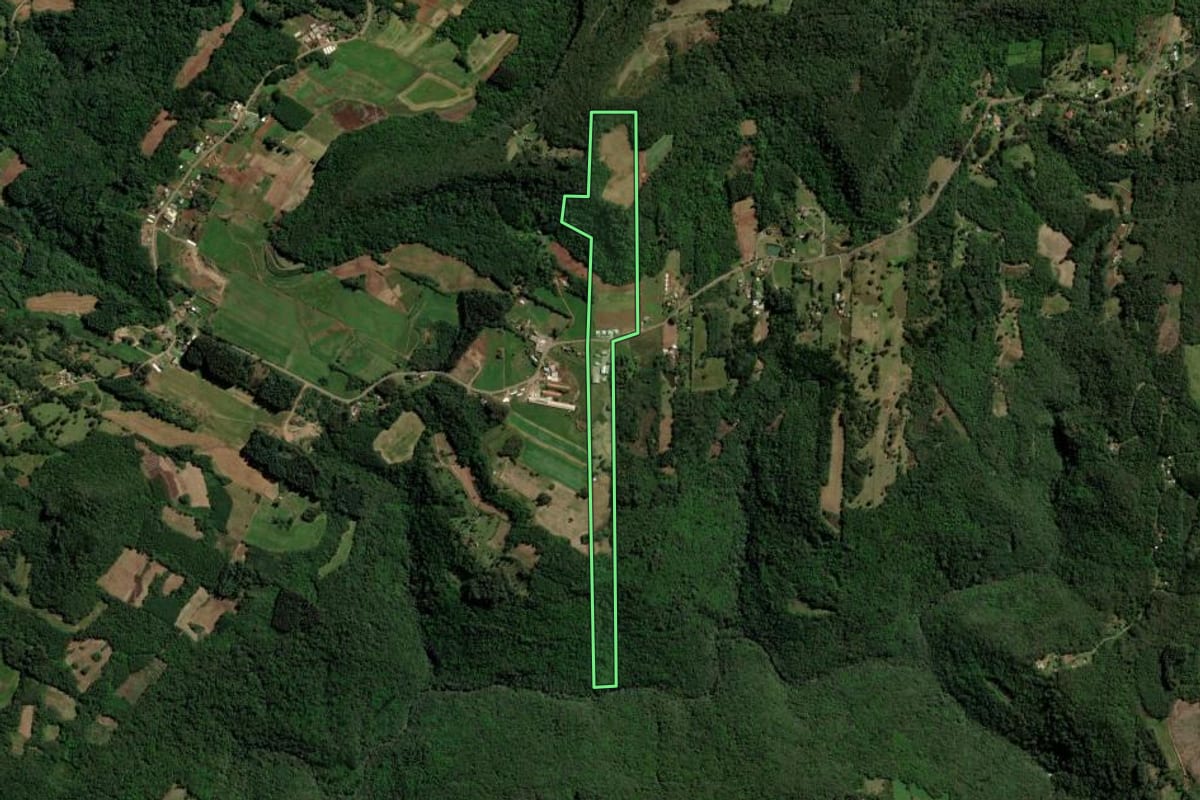 Imagem de satélite do imóvel rural em Gramado (RS), com o contorno declarado no CAR desenhado por cima.