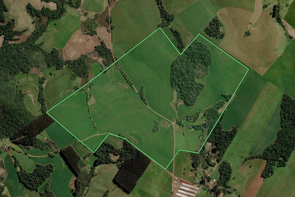 Imagem de satélite do imóvel rural em Gramado dos Loureiros (RS), com o contorno declarado no CAR desenhado por cima.